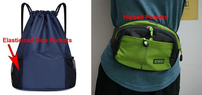 elasticized side pockets and hipbelt pockets