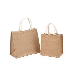 two Natural Jute Totes with white rope handle