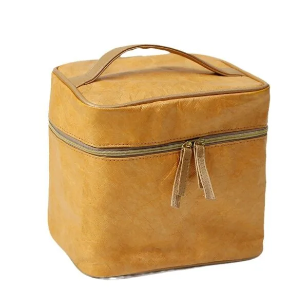 Luxury-Tyvek-Cosmetic-Pouch -Gold-Zipper & Leather-Handle