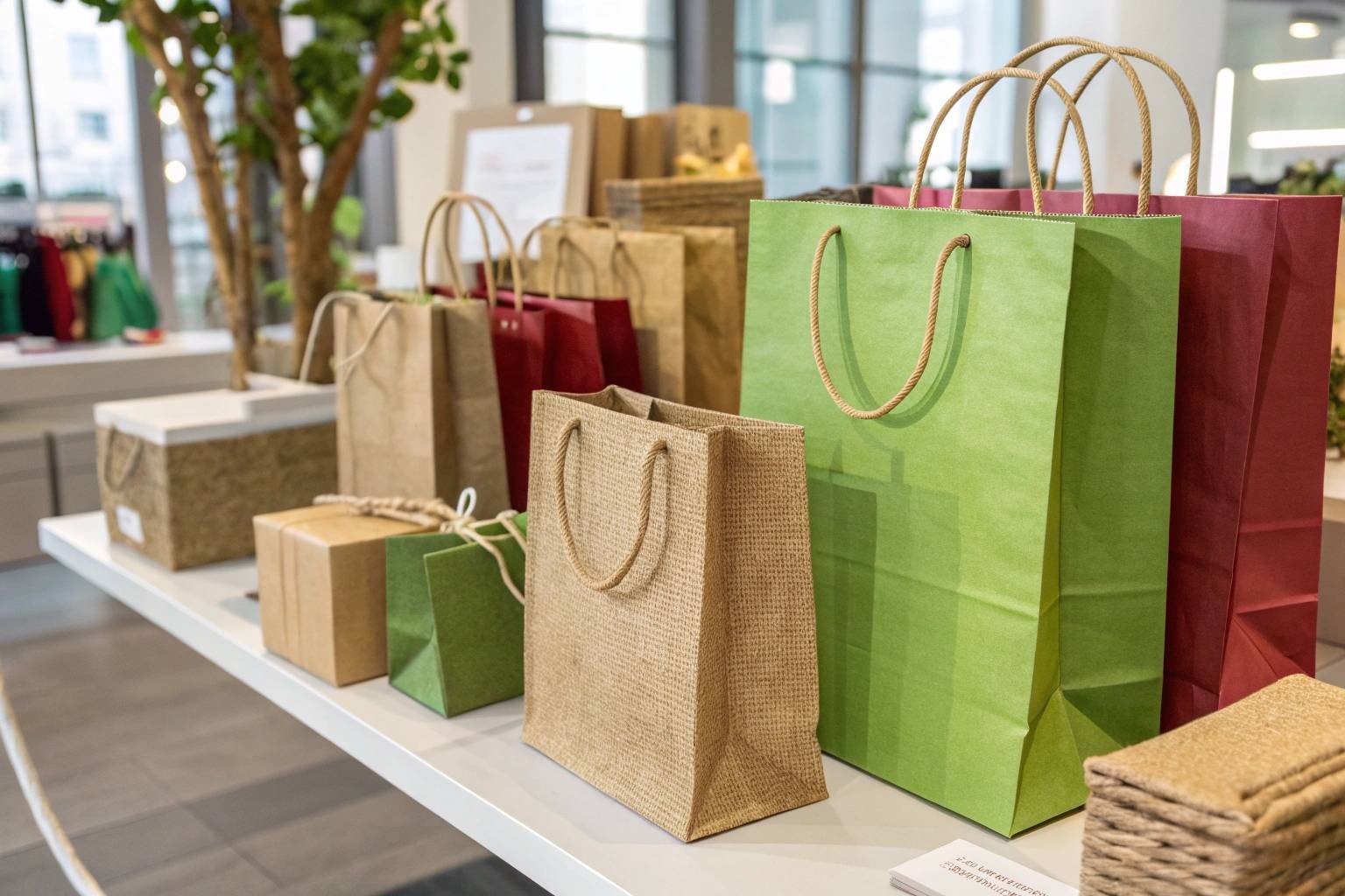 common materials for gift bags like paper, plastic, cotton, jute