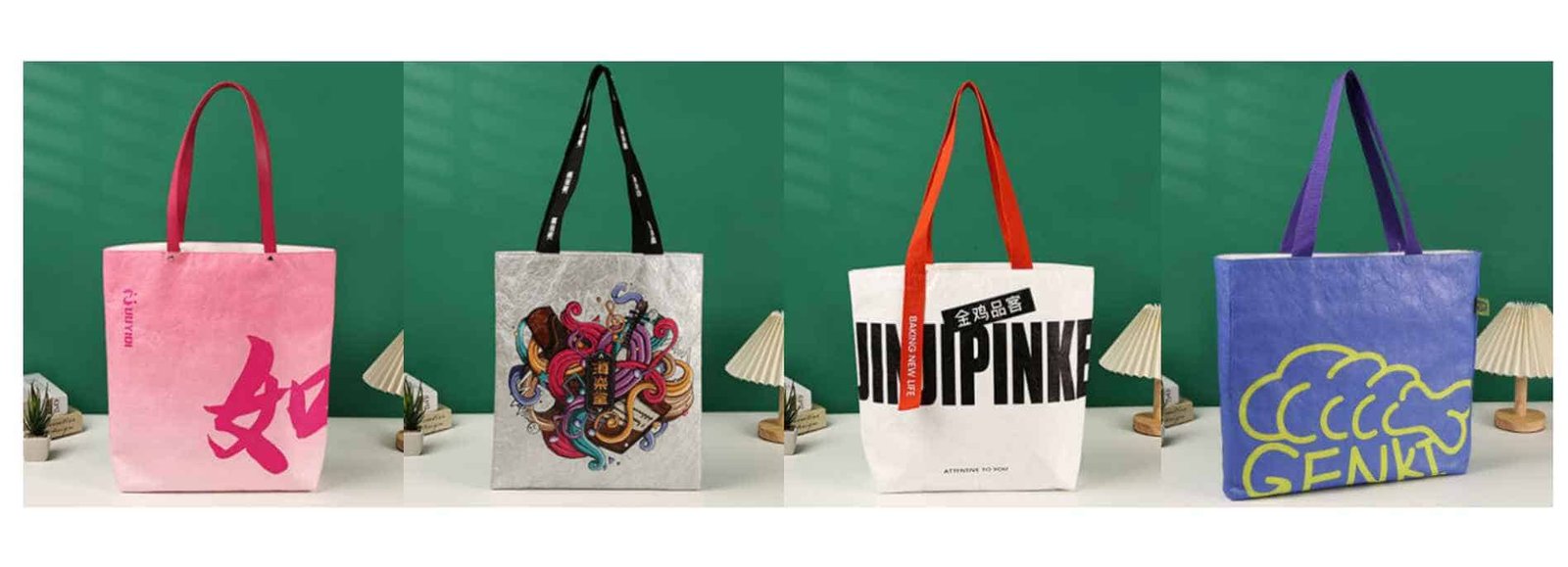 4 tyvek tote bags med forskellige trykmetoder