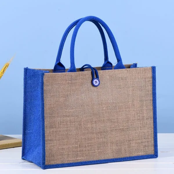 Jute-tote-bag-(jute color and blue patchwork)-with-a-closing-button