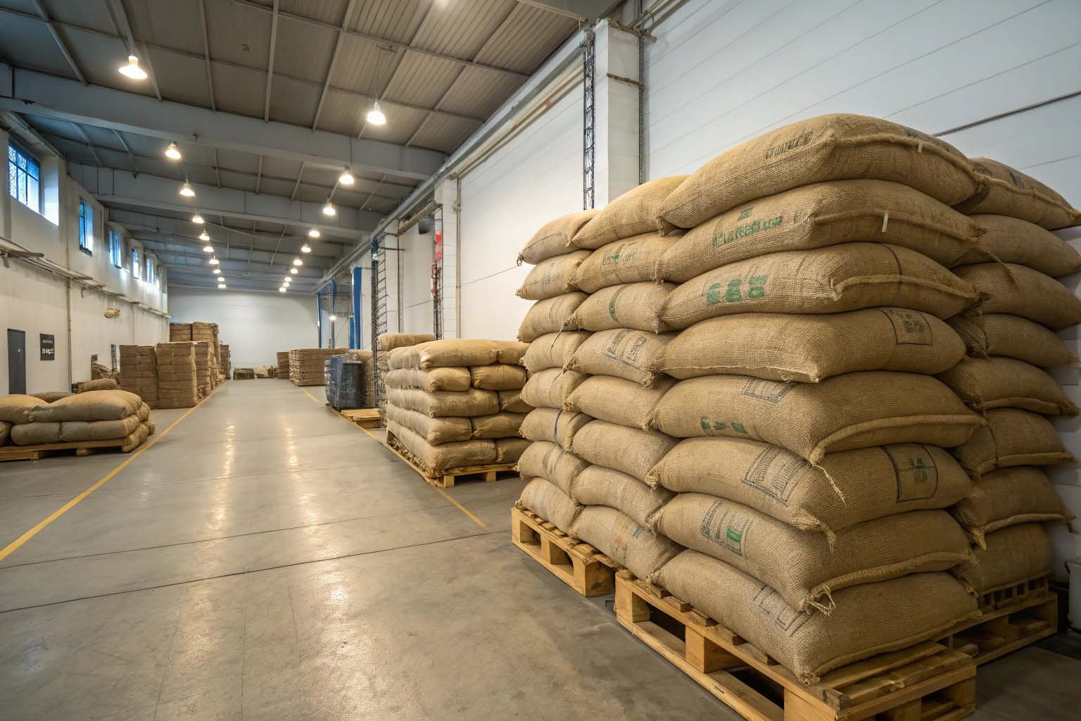 Bulk jute bags stored properly on shelves