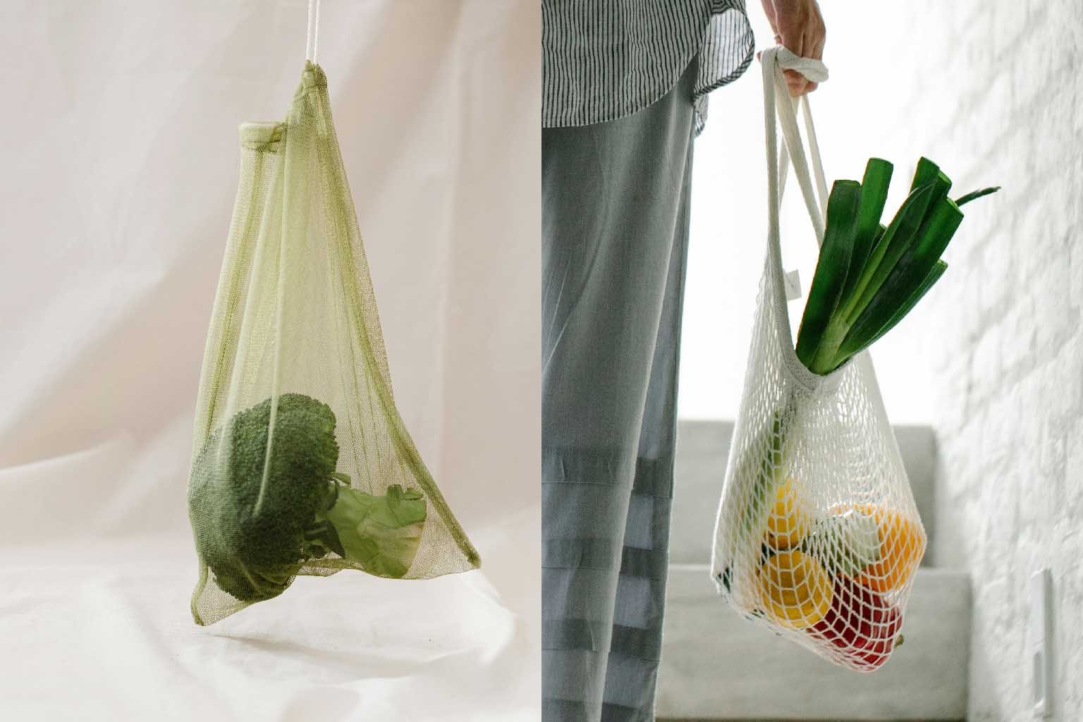 Comparison of cotton and polyester mesh bags side-by-side