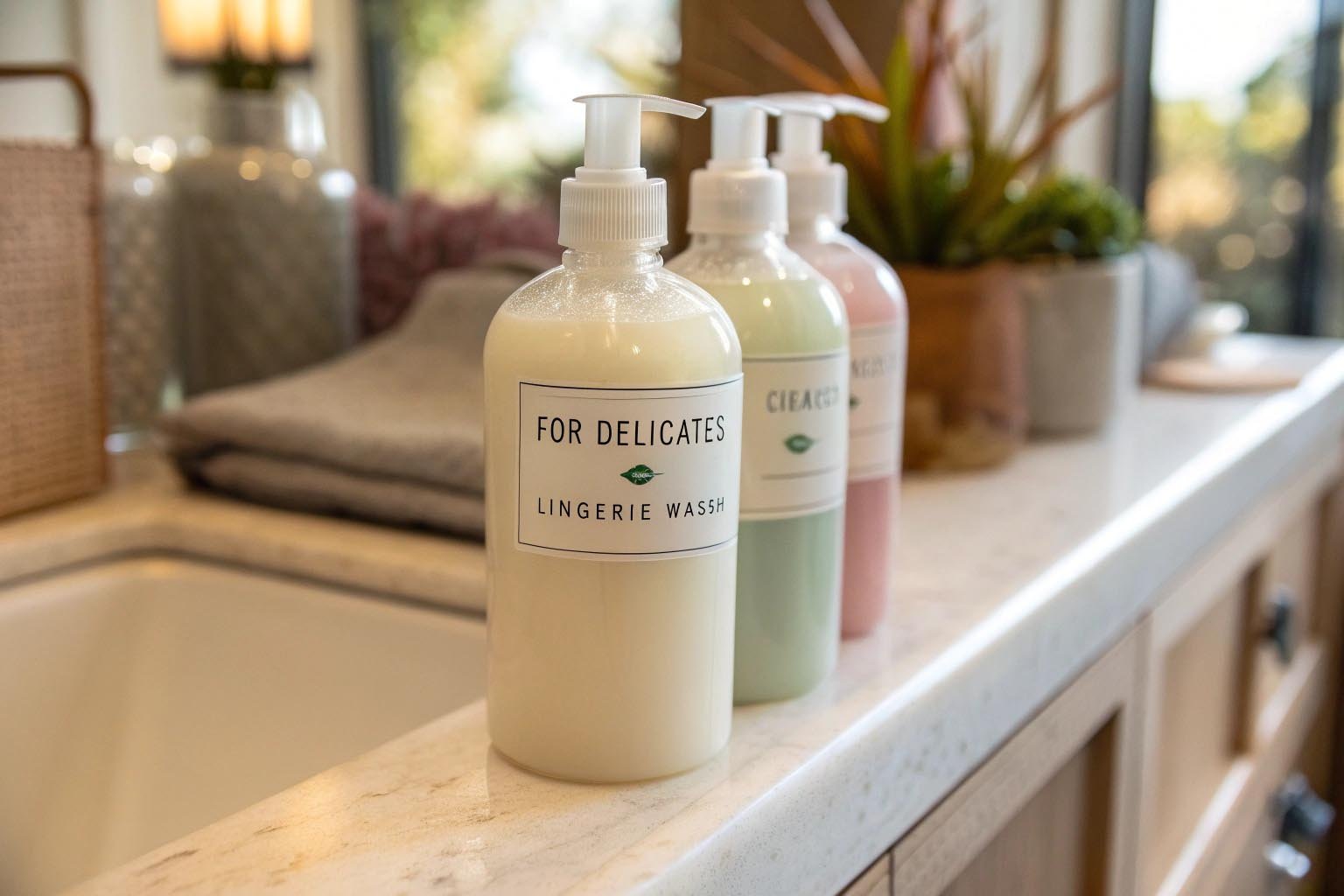 Bottles of gentle laundry detergent suitable for delicates