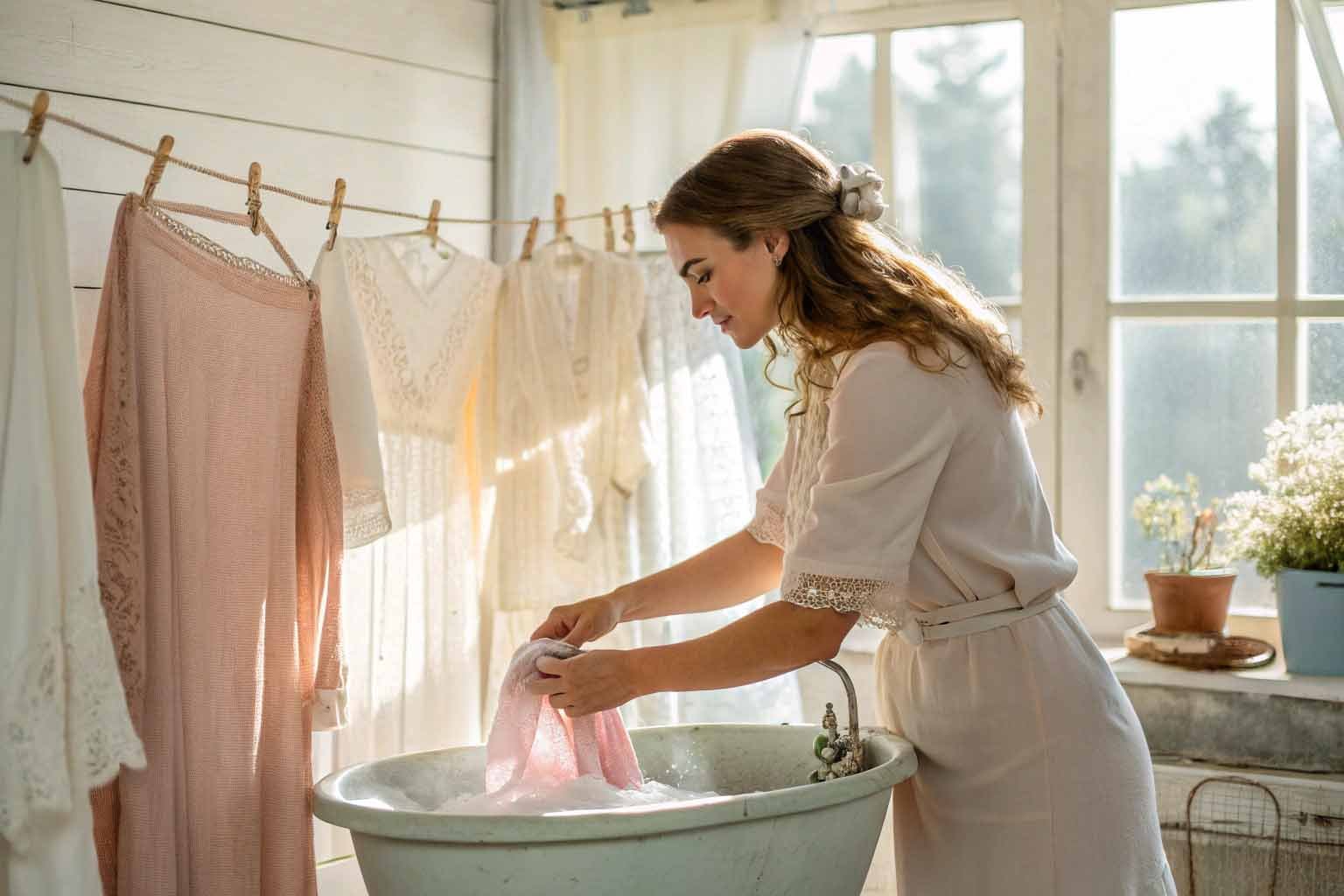 Woman carefully hand washing delicate clothing in a basin