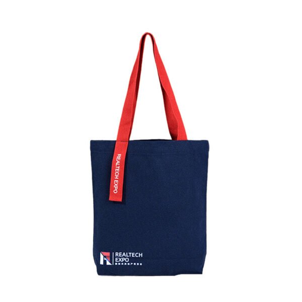 Premium-12oz-Navy-Blue-Canvas-Tote-Bag-with-Dual-Color-Silk-Screen-Logo&Red-Handles
