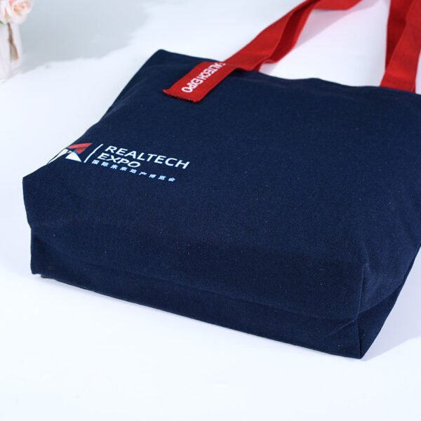 Premium-12oz-Navy-Blue-Canvas-Tote-Bag-with-Dual-Color-Silk-Screen-Logo&Red-Handles