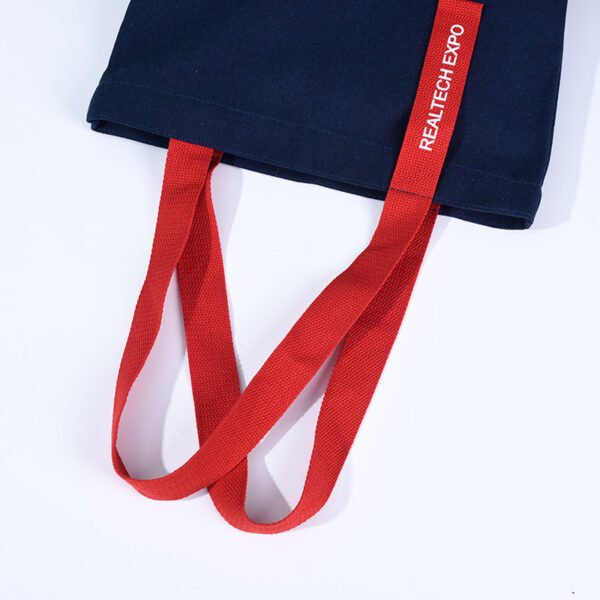 Premium-12oz-Navy-Blue-Canvas-Tote-Bag-with-Dual-Color-Silk-Screen-Logo&Red-Handles