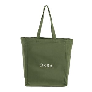 Premium-16oz-Olive-Green-Canvas-Tote-Bag-with-White-Logo & Inner-Pocket