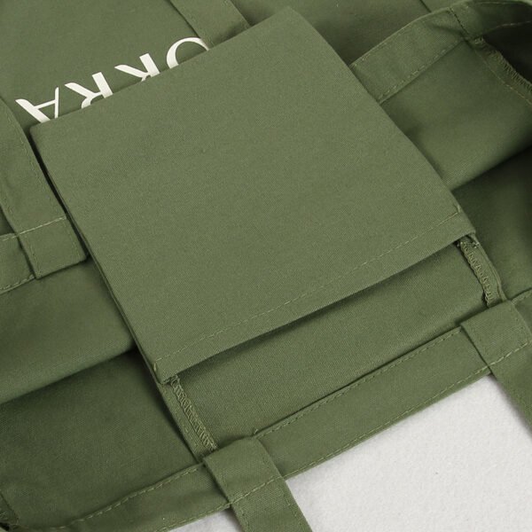 Premium-16oz-Olive-Green-Canvas-Tote-Bag-with-White-Logo & Inner-Pocket