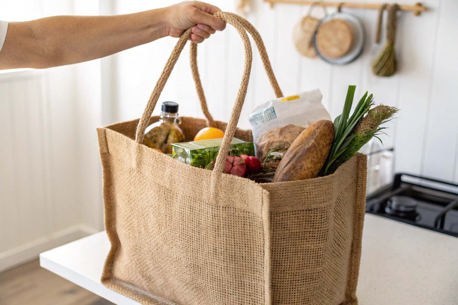 Heavy items being carried in a jute bag