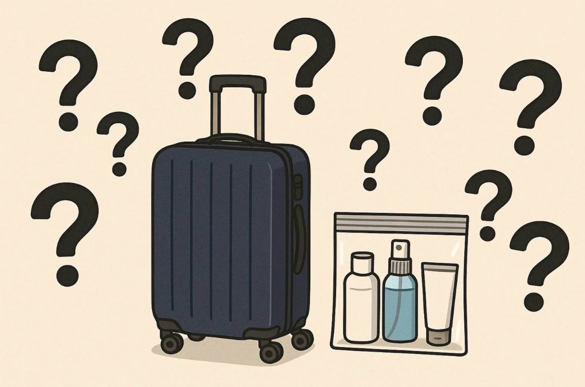 Question marks surrounding a carry-on bag and quart bag