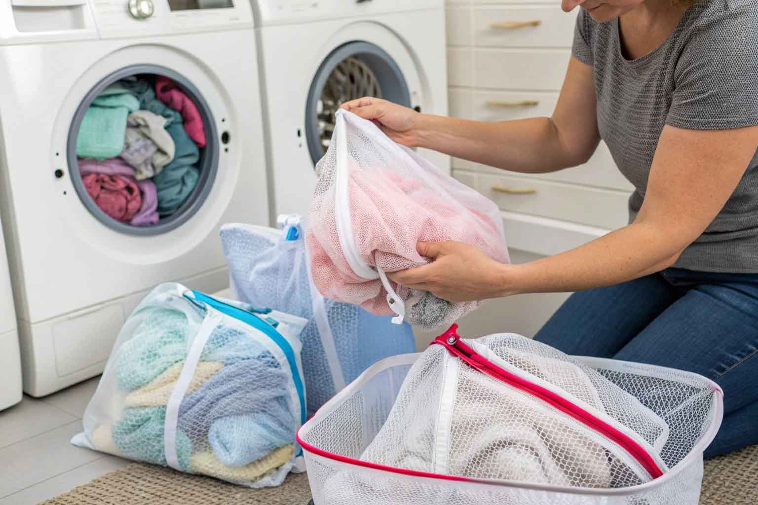 Sacco portabiancheria in rete con vestiti all'interno di una lavatrice