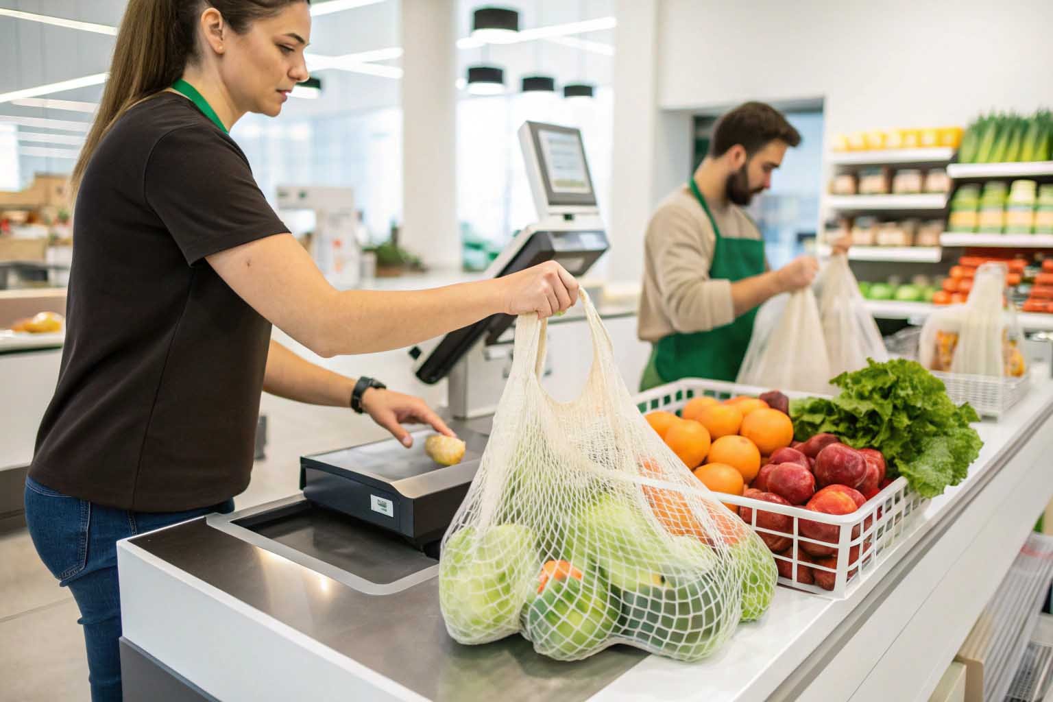 Person at grocery checkout with mesh produce bags, showing tare weight tag