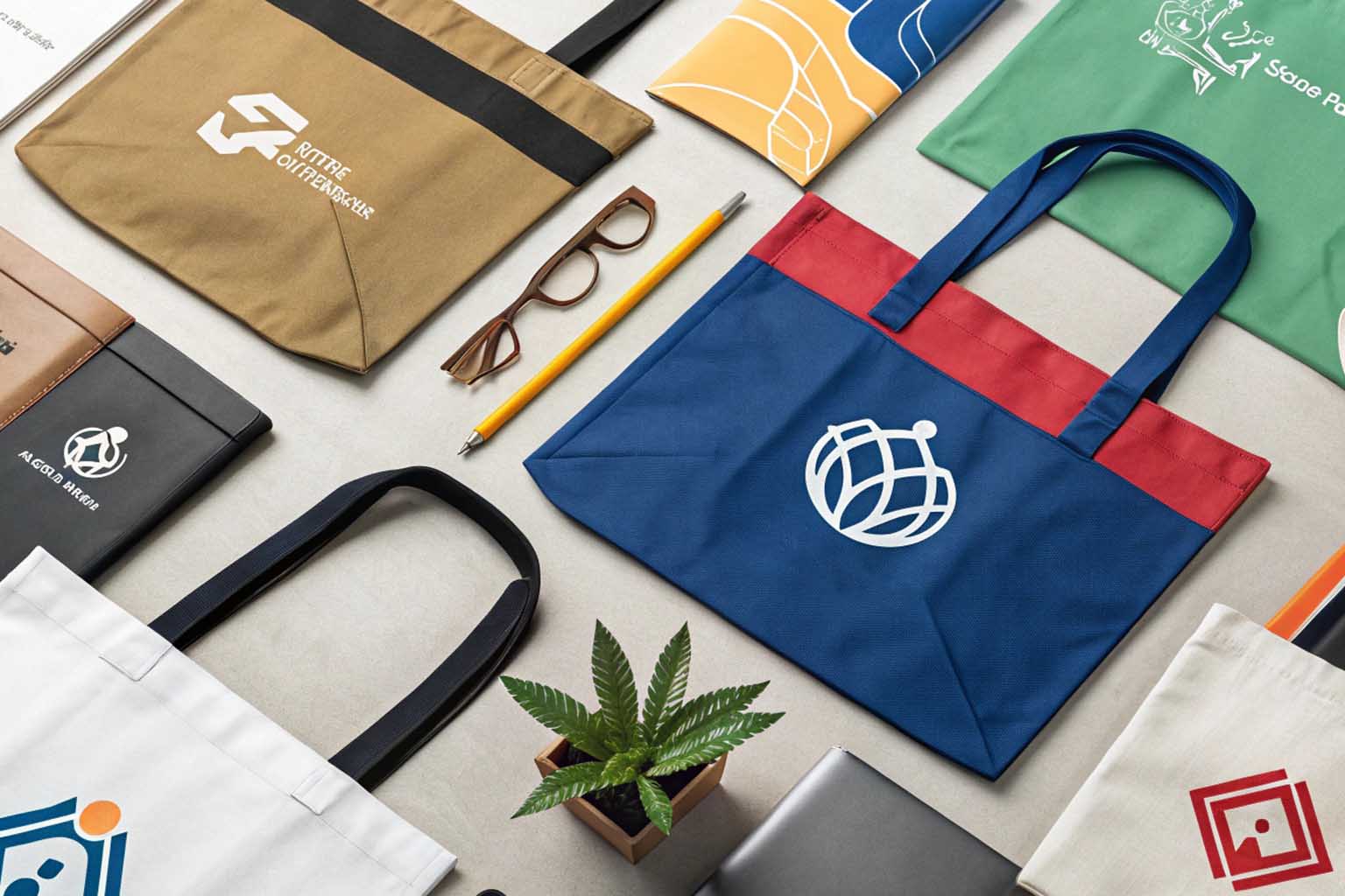 Collection of various custom promotional tote bags