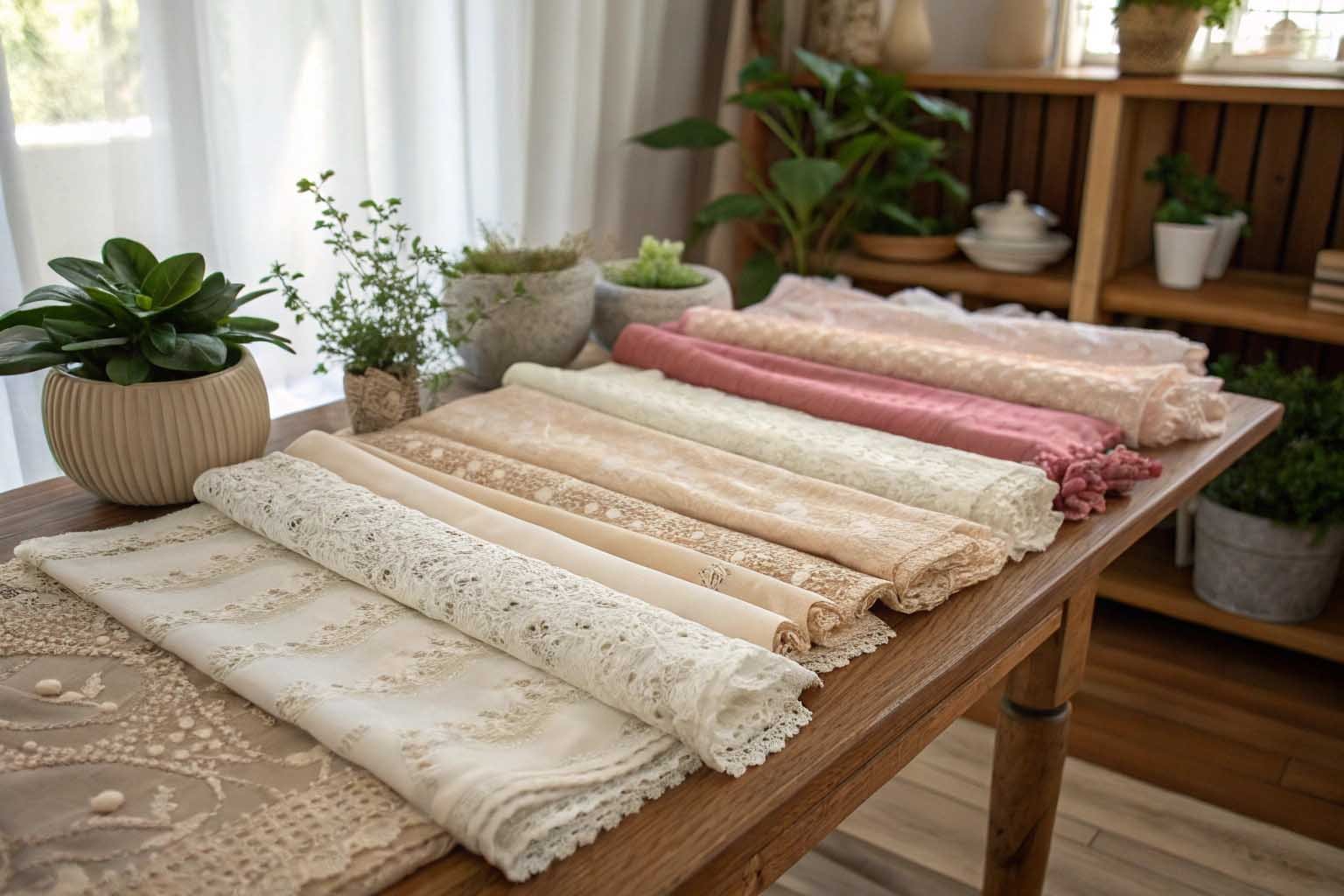 Assortment of delicate fabrics like silk, lace, and cashmere