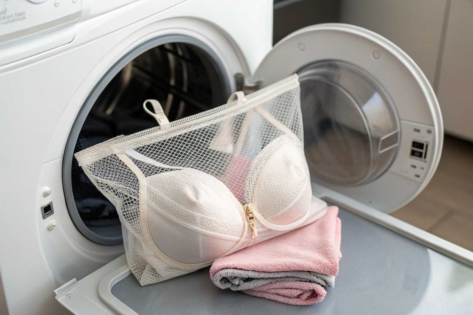 Underwire bra inside a mesh laundry bag next to a washing machine