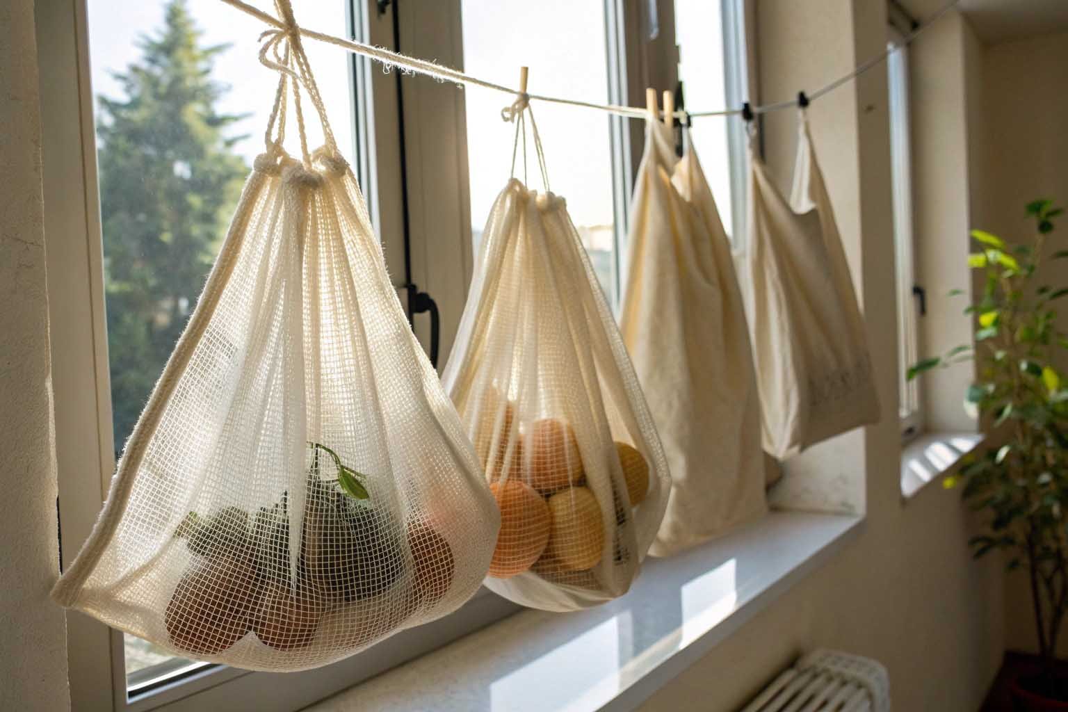 Mesh produce bags hanging to air dry after washing