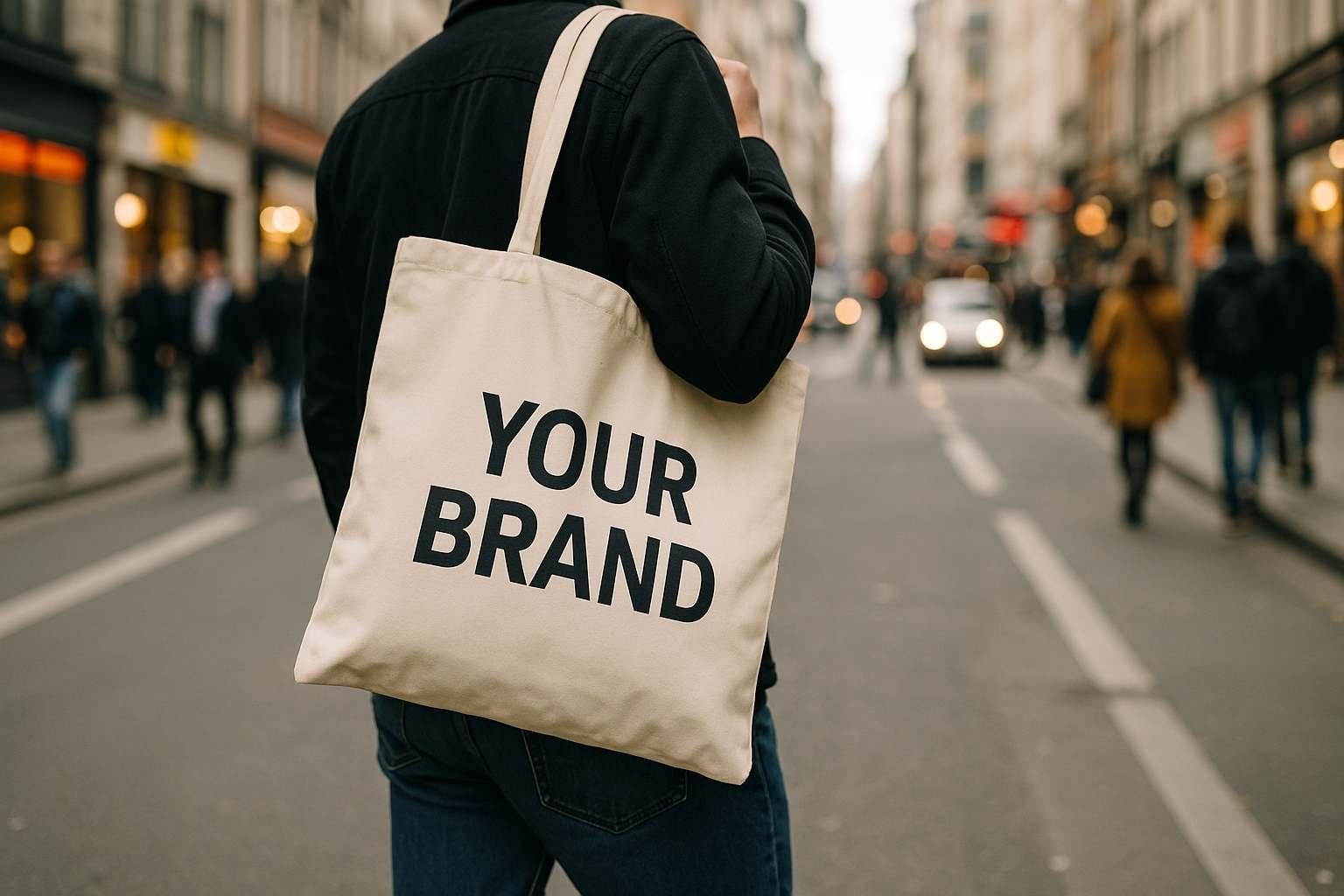 A person carrying a branded custom tote bag in a busy street