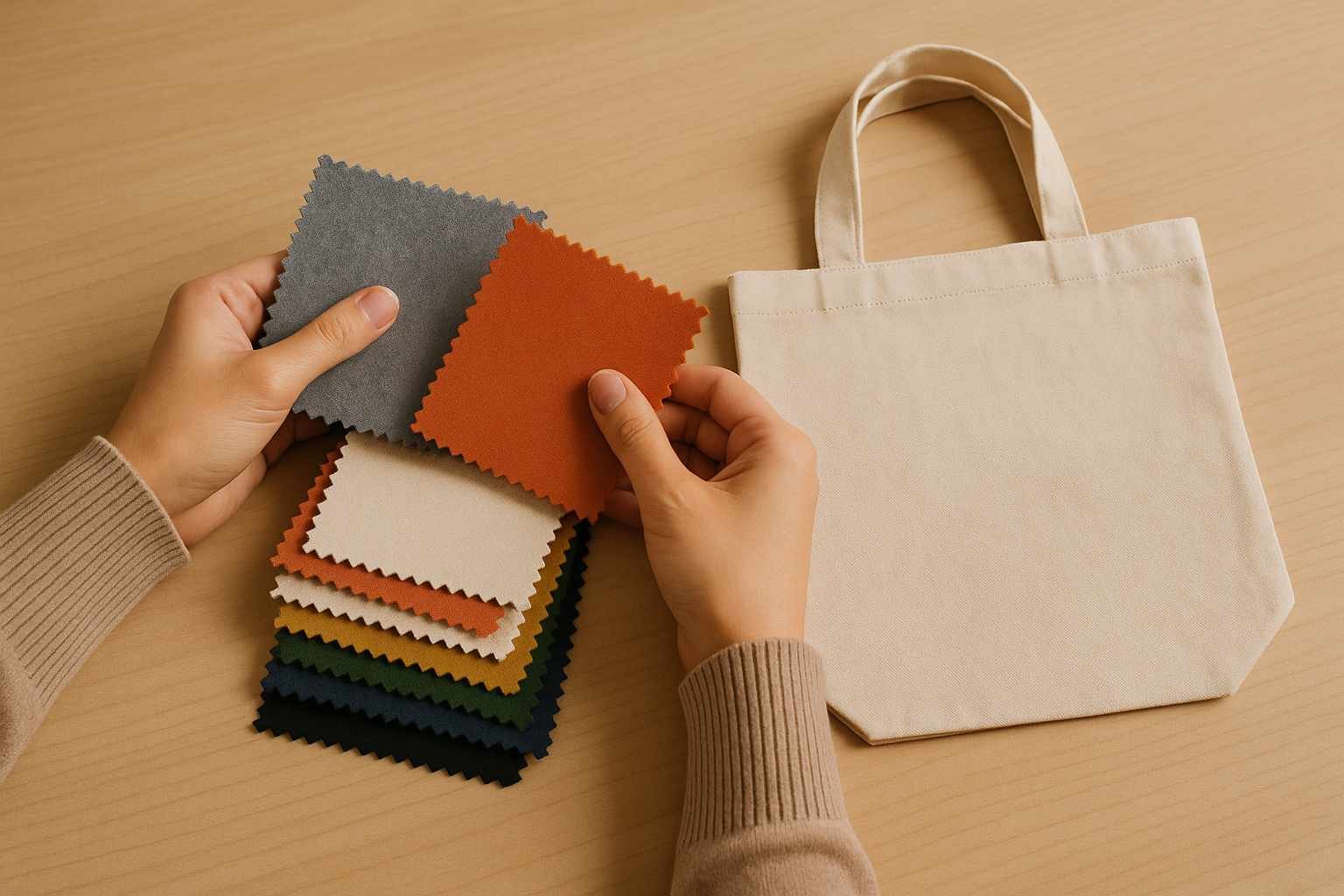 A person inspecting fabric swatches and a sample tote bag from a supplier