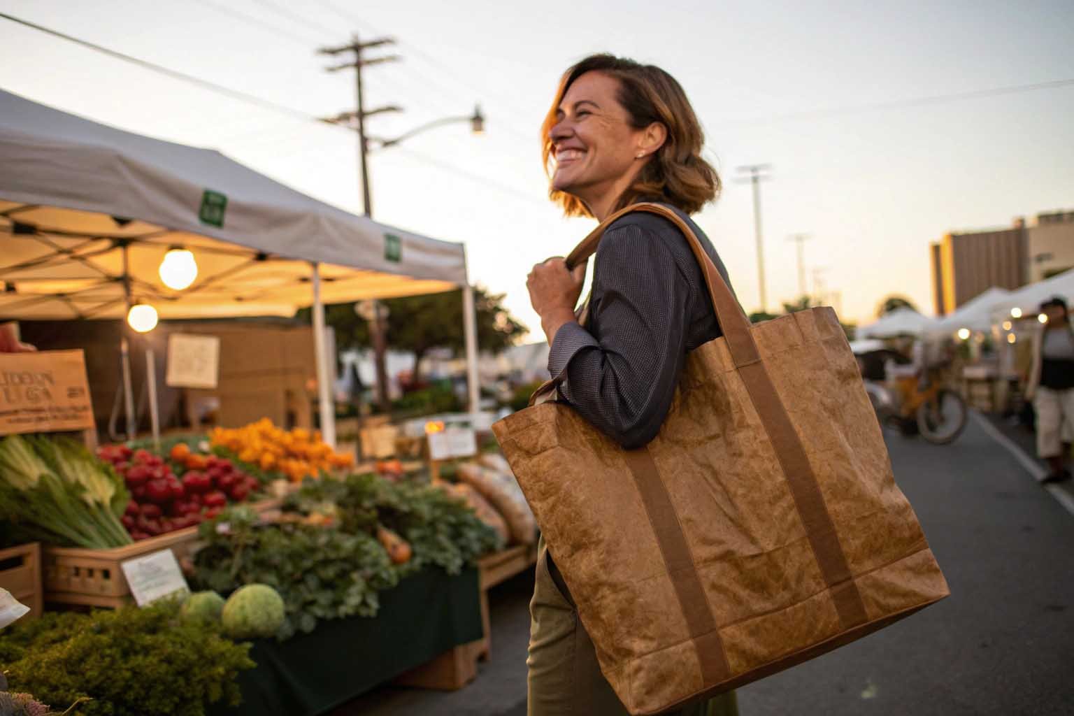 Smiling person holding a lightweight Tyvek tote bag
