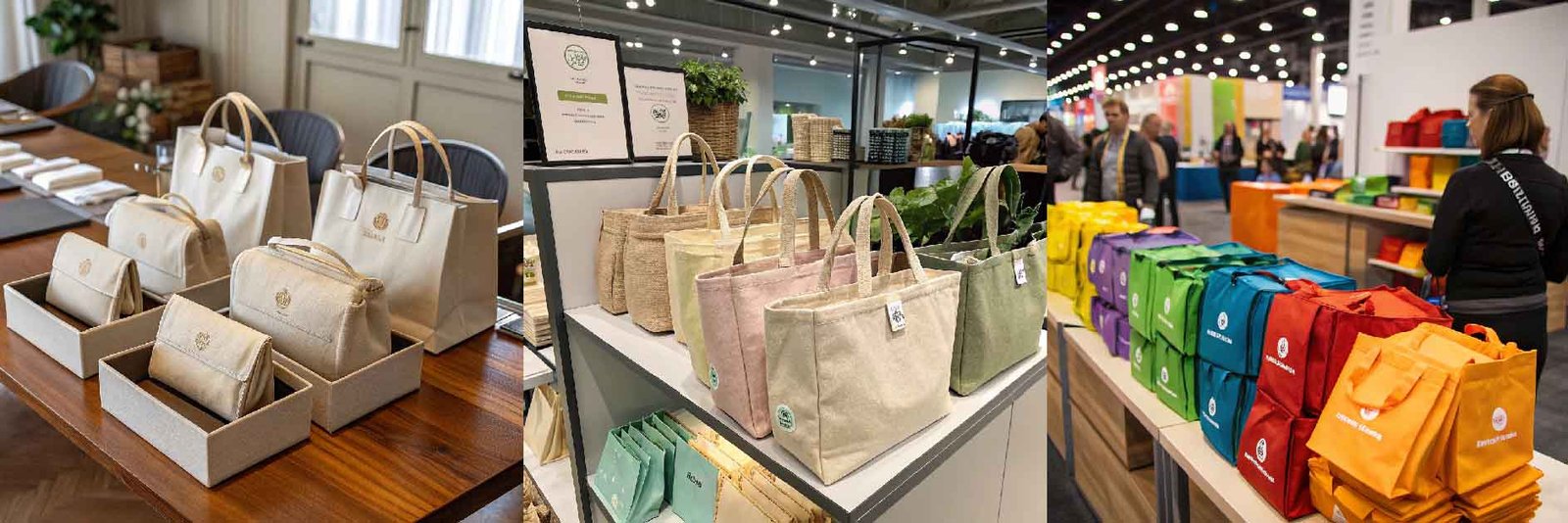 見本市でのランチバッグ、ギフト用、小売店での陳列の様子。