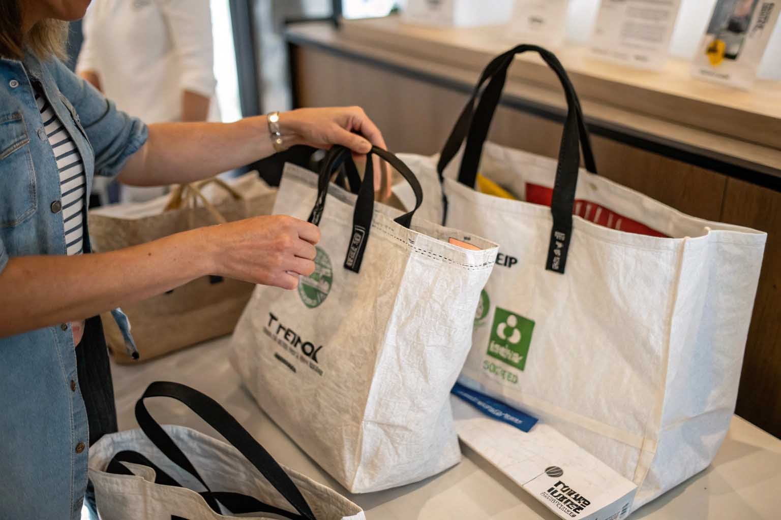 Person choosing from a selection of different Tyvek tote bags