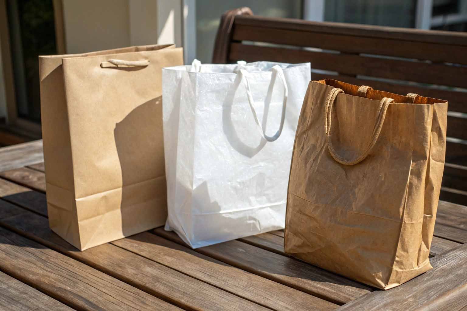 A side-by-side comparison of washable paper, traditional paper, and plastic bags highlighting durability, reusability, and environmental impact