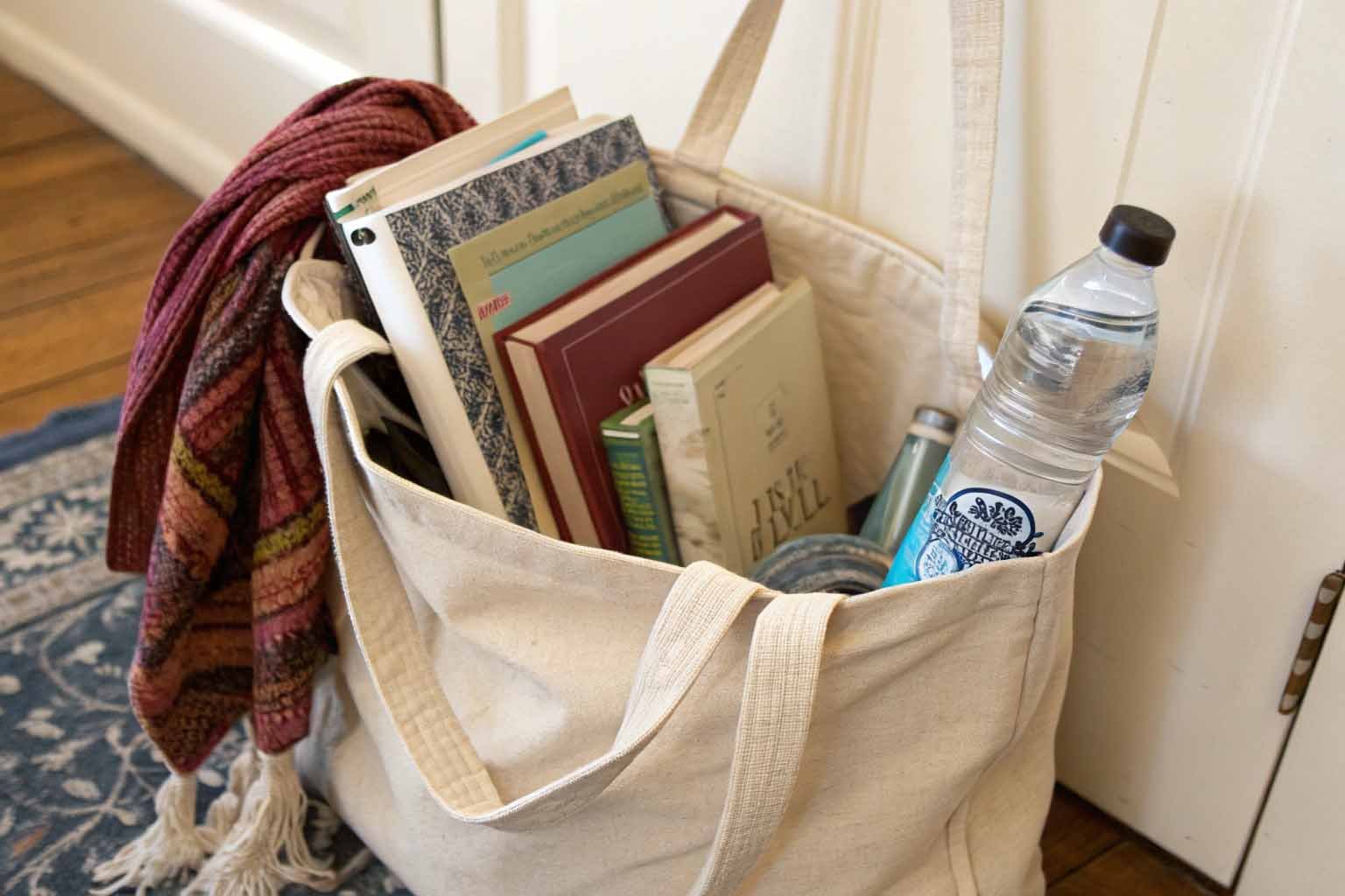 A cotton tote bag being used to carry books and daily essentials