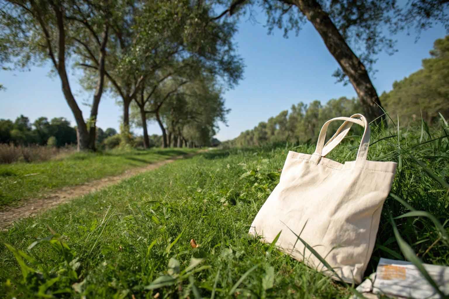 Cotton tote bag in a natural setting, symbolizing eco-friendliness