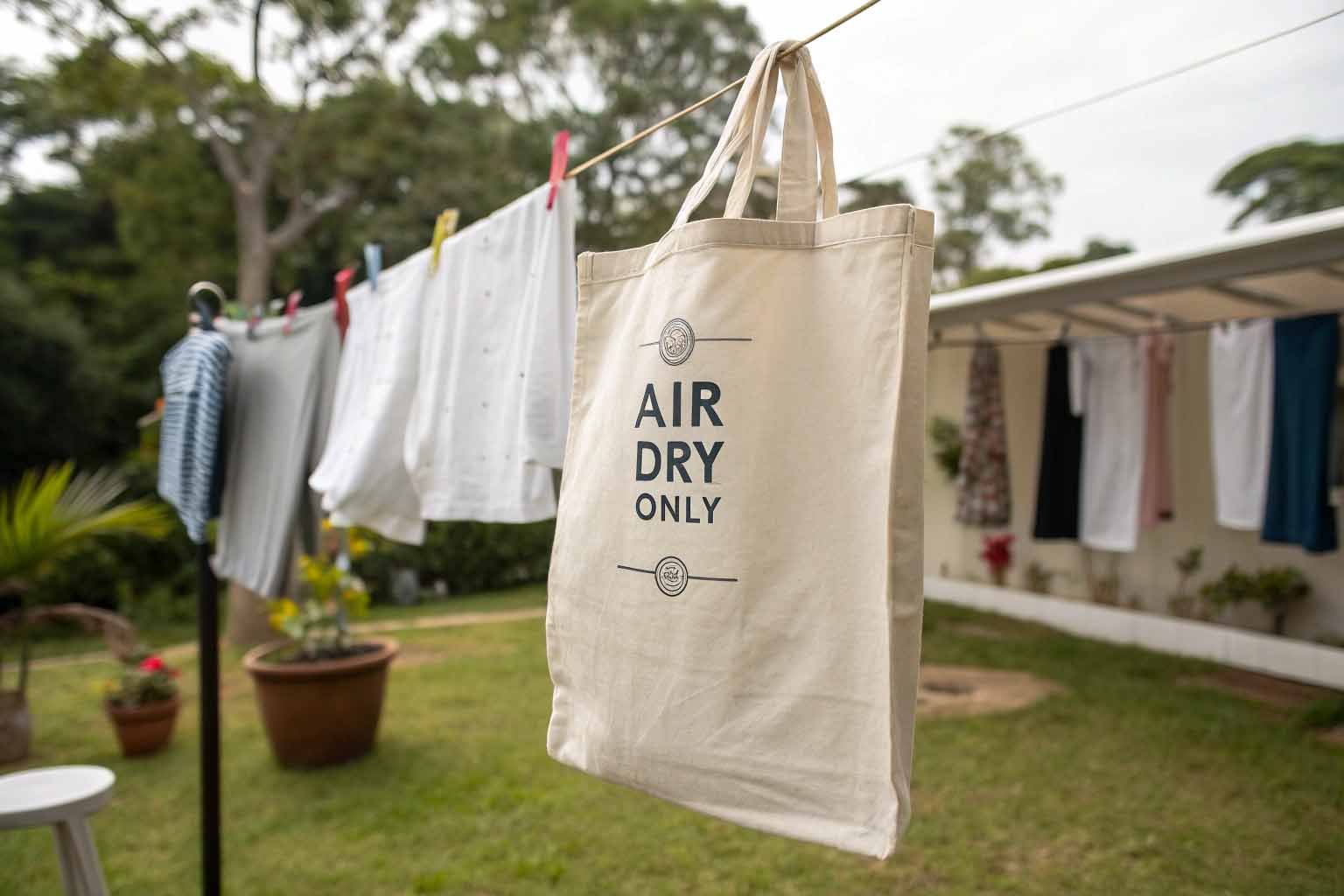 A cotton tote bag hanging to air dry, illustrating proper care