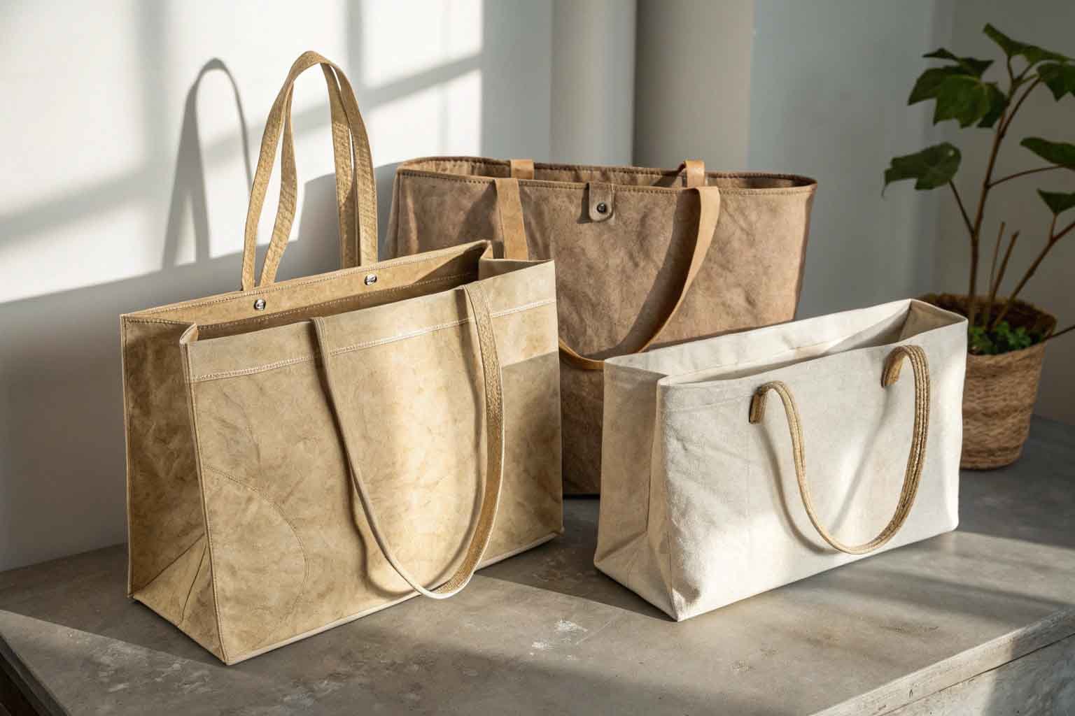 Three washable paper bags with sturdy handles placed on a table, offering a sustainable and reusable packaging alternative