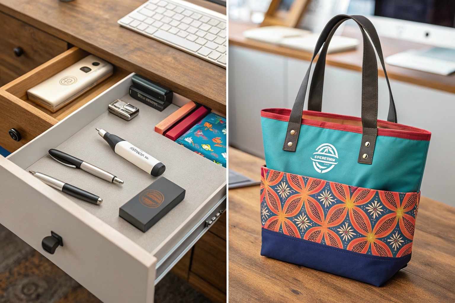 Side-by-side comparison of a custom tote bag and other common promotional giveaways like pens and USB drives