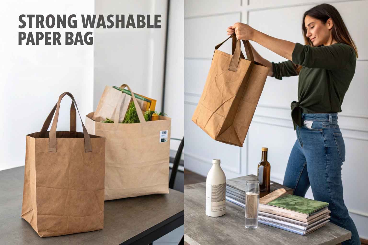 Sturdy washable paper bag with a sleek, modern look—designed to be both strong and sustainable