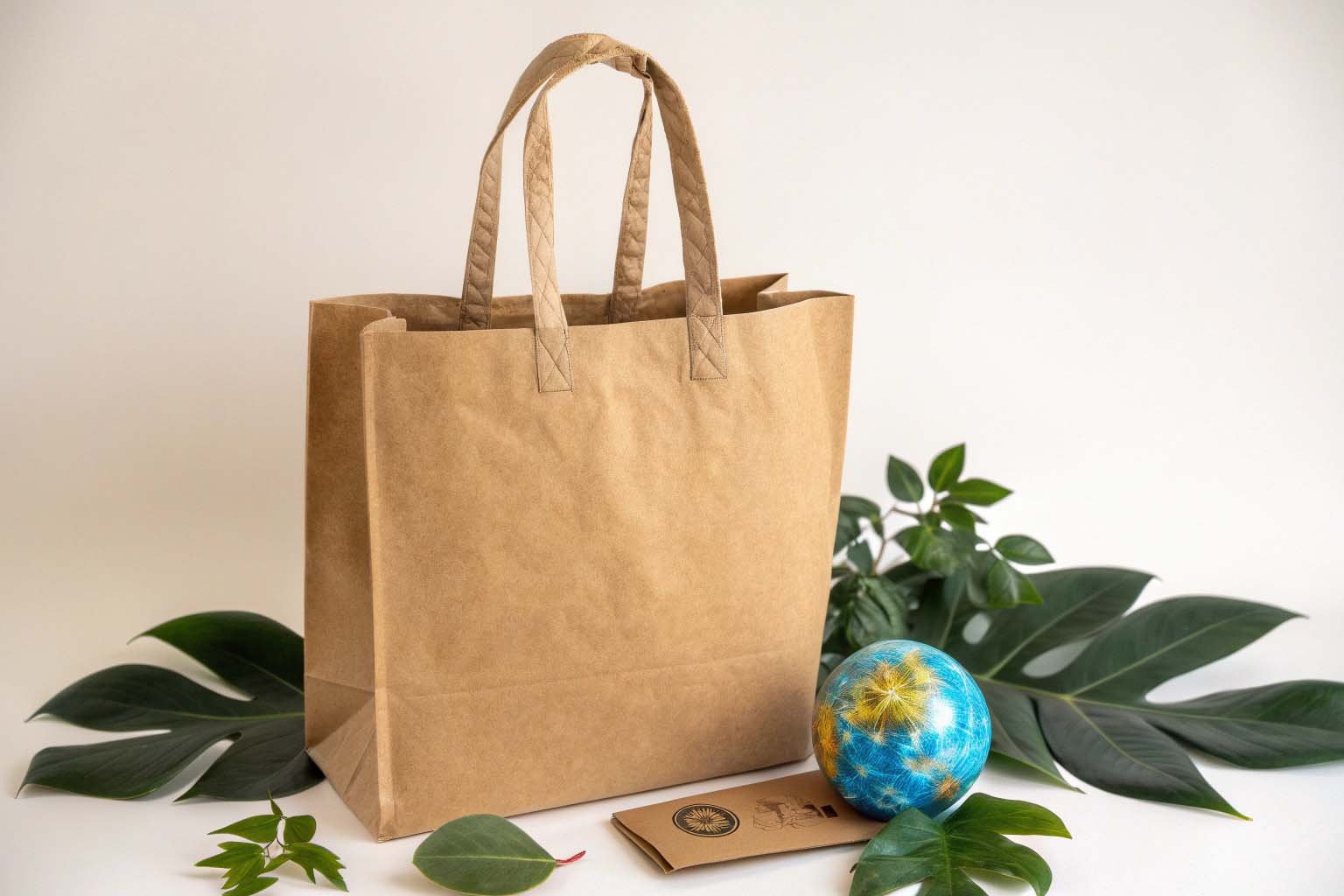 A sustainably designed washable kraft paper bag placed in a natural setting, representing conscious production and eco-friendly intent