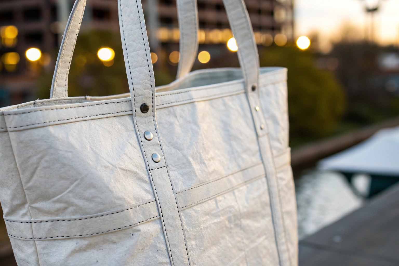 Tyvek tote bag showcasing its features