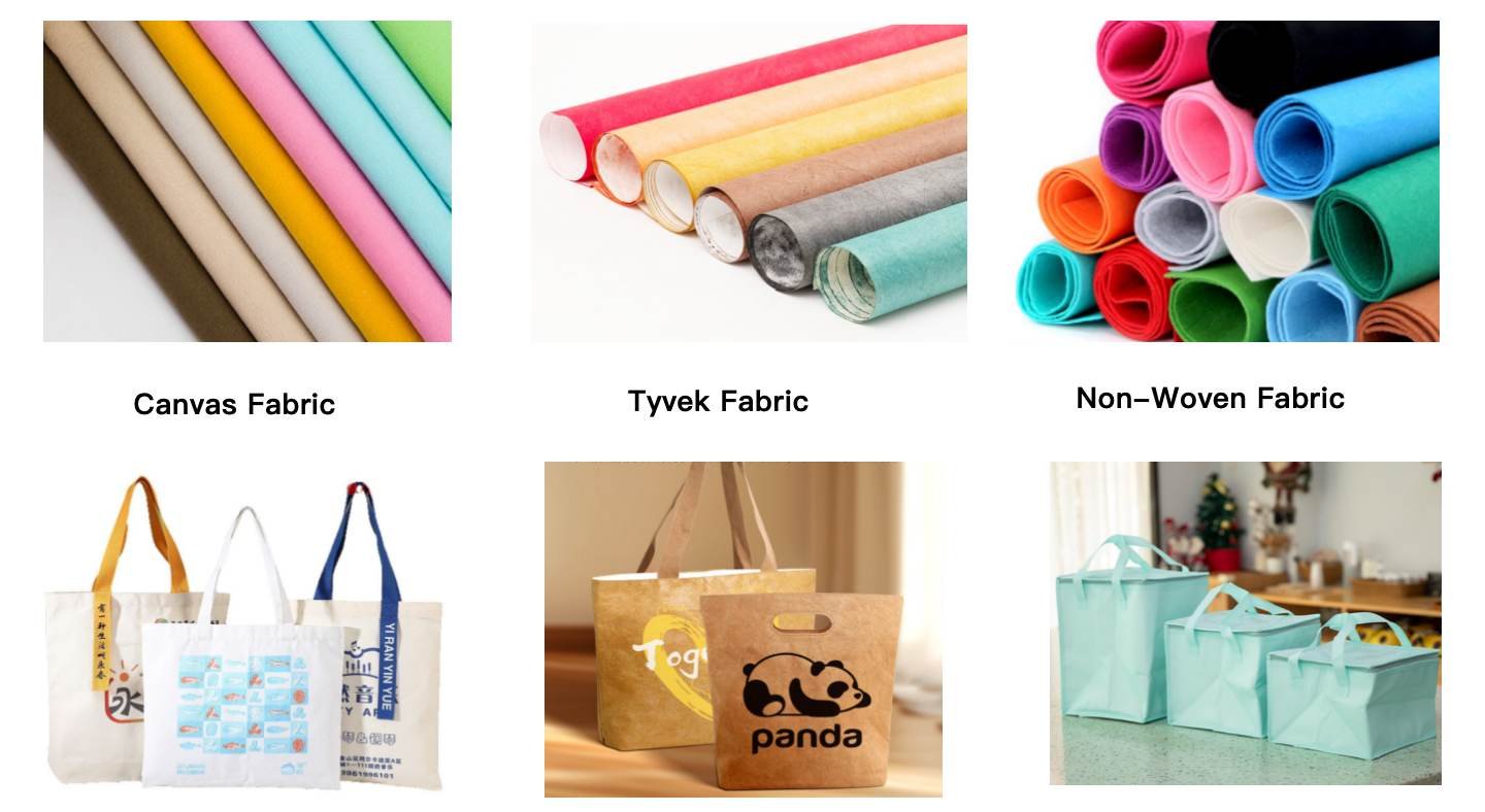 Various fabric swatches for tote bags like cotton, canvas, non-woven, Tyvek, and washed kraft paper