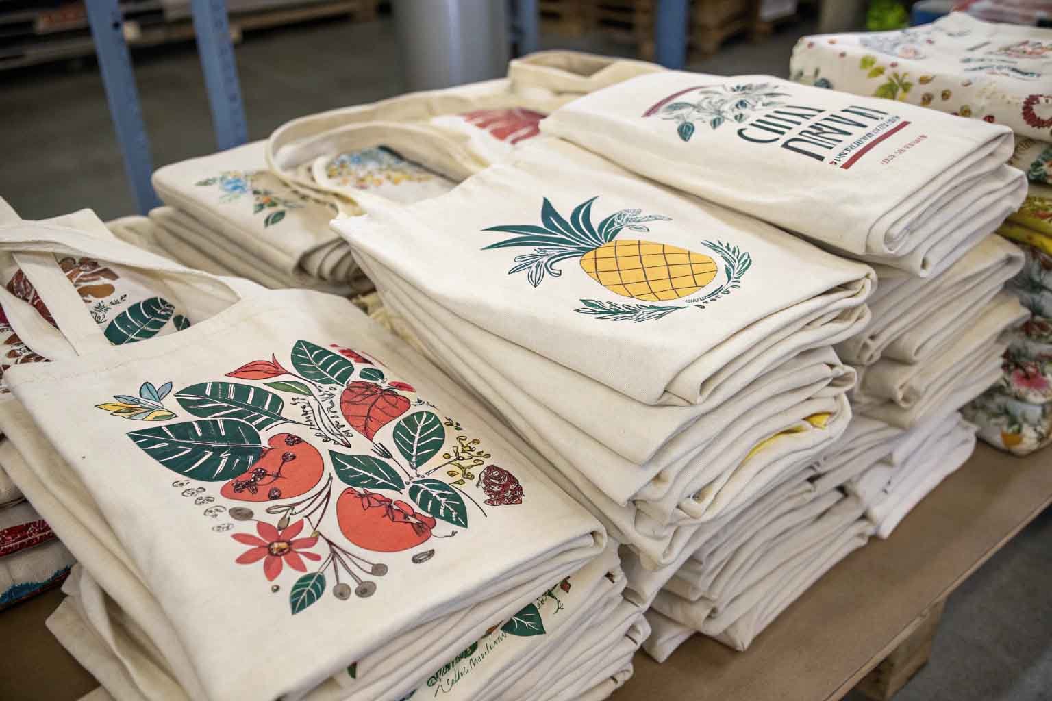 A pile of versatile cotton tote bags with custom prints