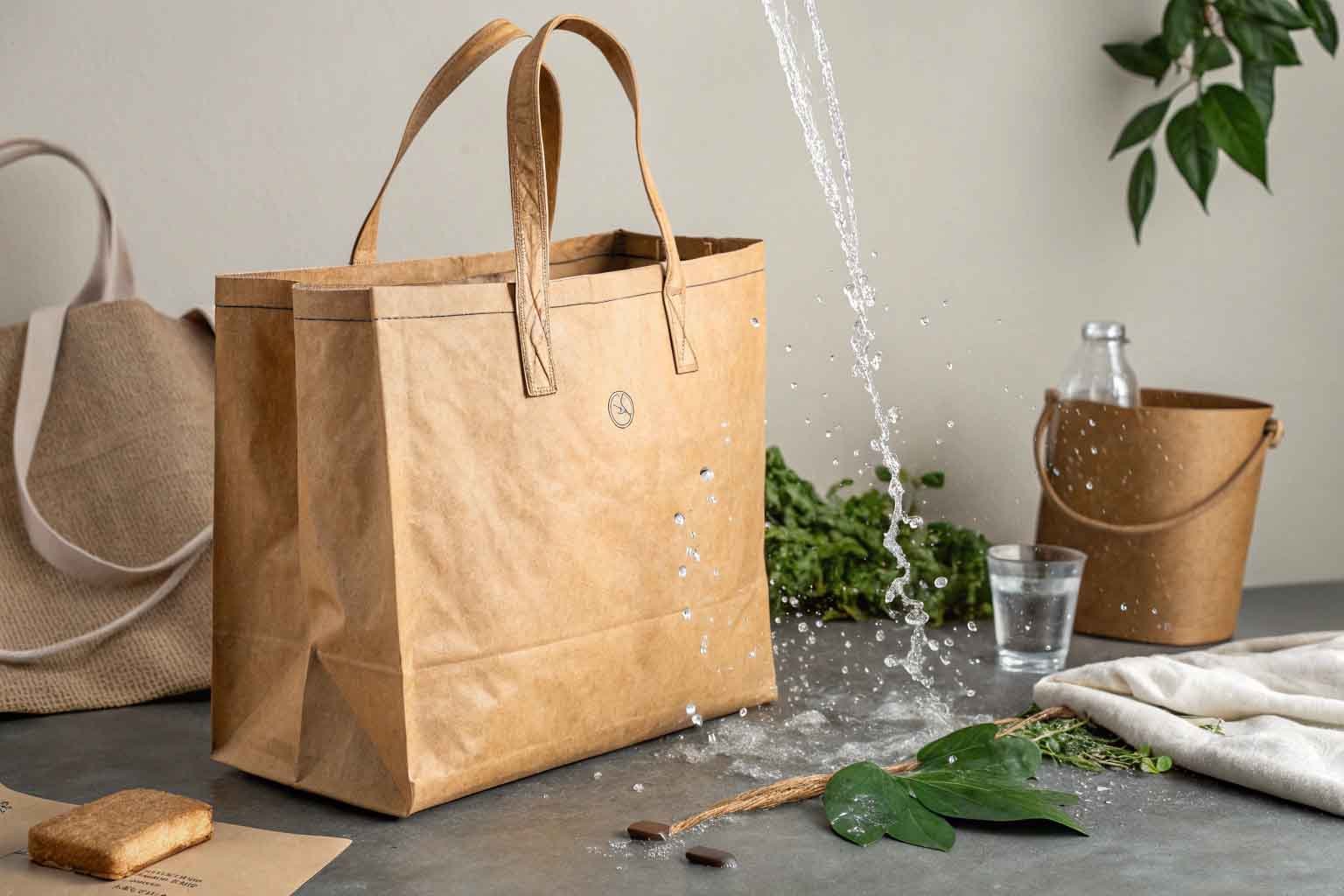 A washable paper bag being sprayed with water, demonstrating its water-resistant and durable design