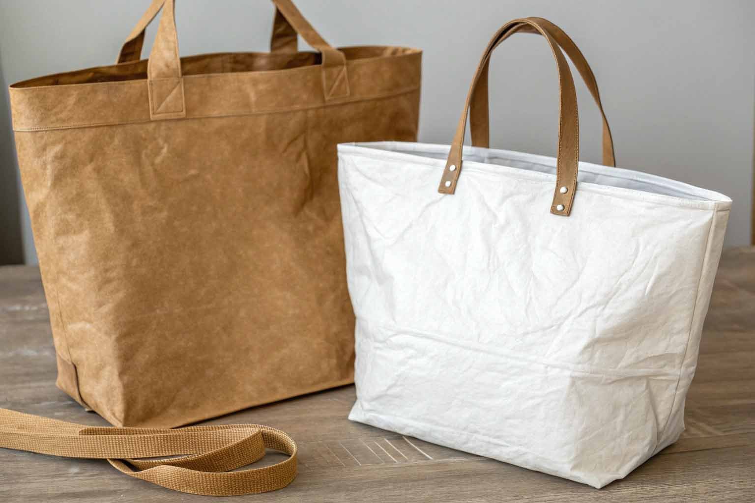 Visual comparison of a washable kraft paper bag and a Tyvek bag, focusing on texture, strength, and eco-friendliness