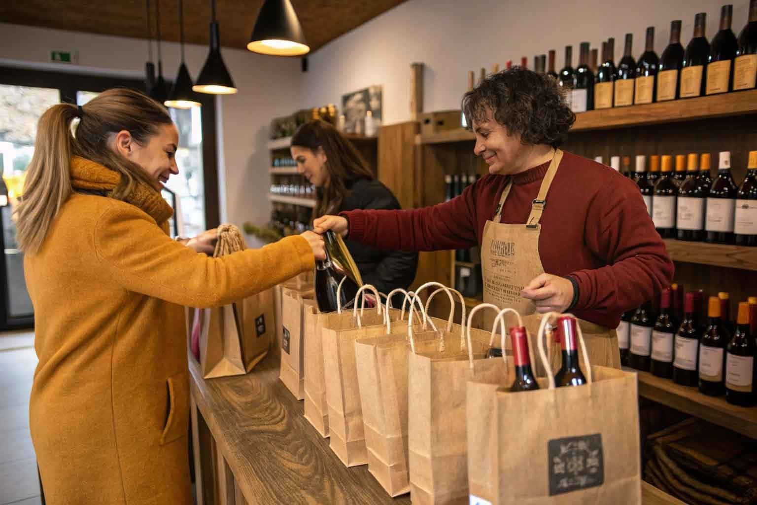 A customer happily receiving a wine gift in a jute bag