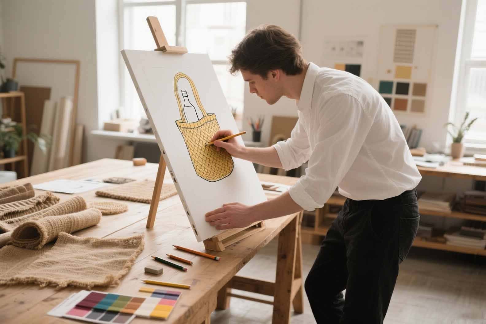 A designer working on custom options for a jute bag