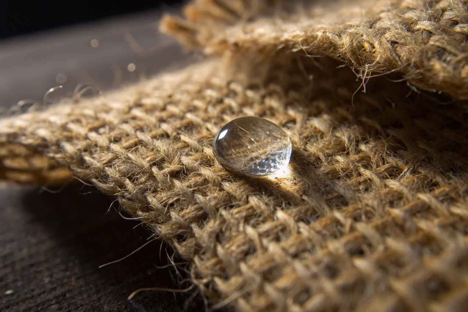 A water droplet on the surface of a jute bag to show it's not waterproof