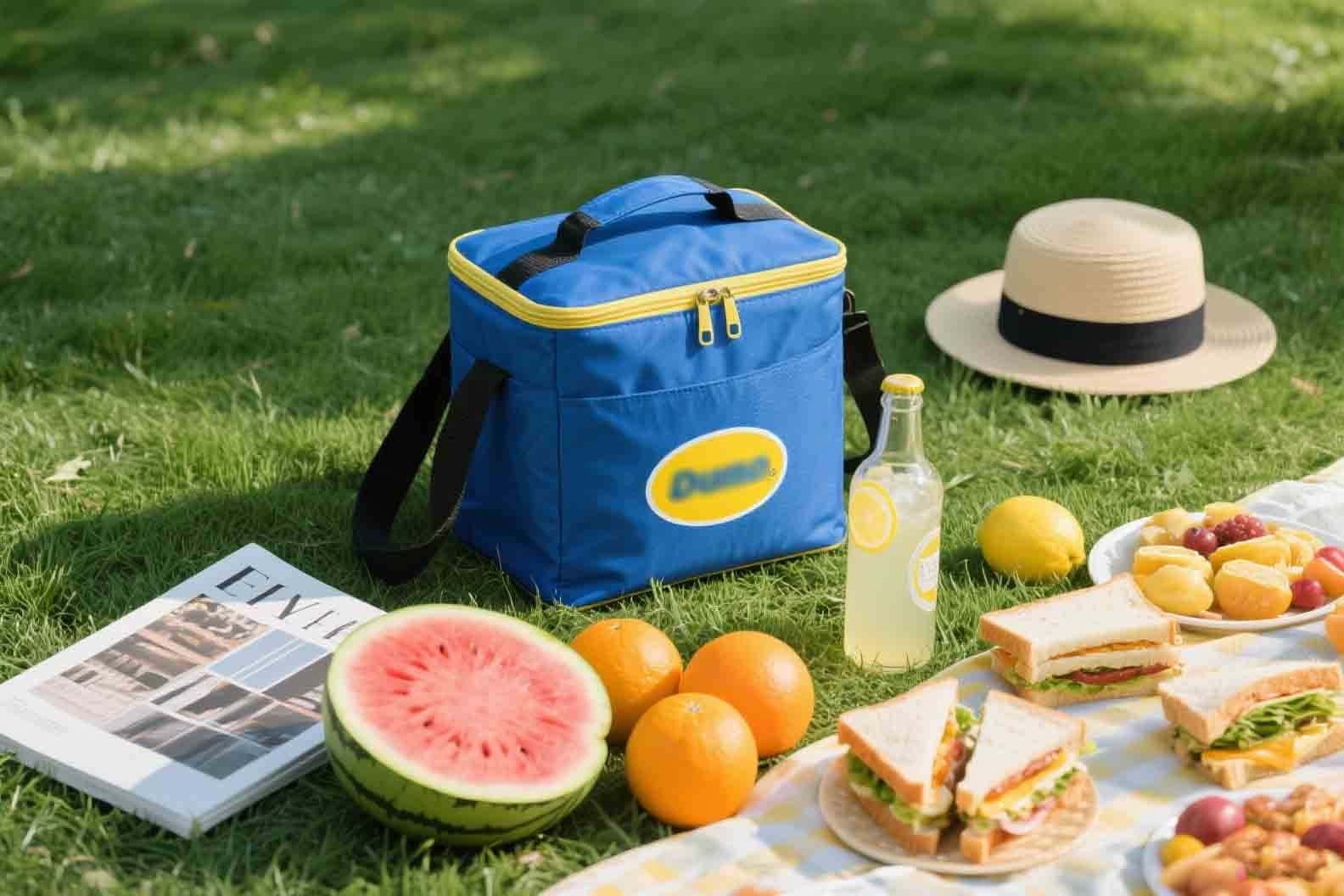 A family using a branded cooler bag at a picnic