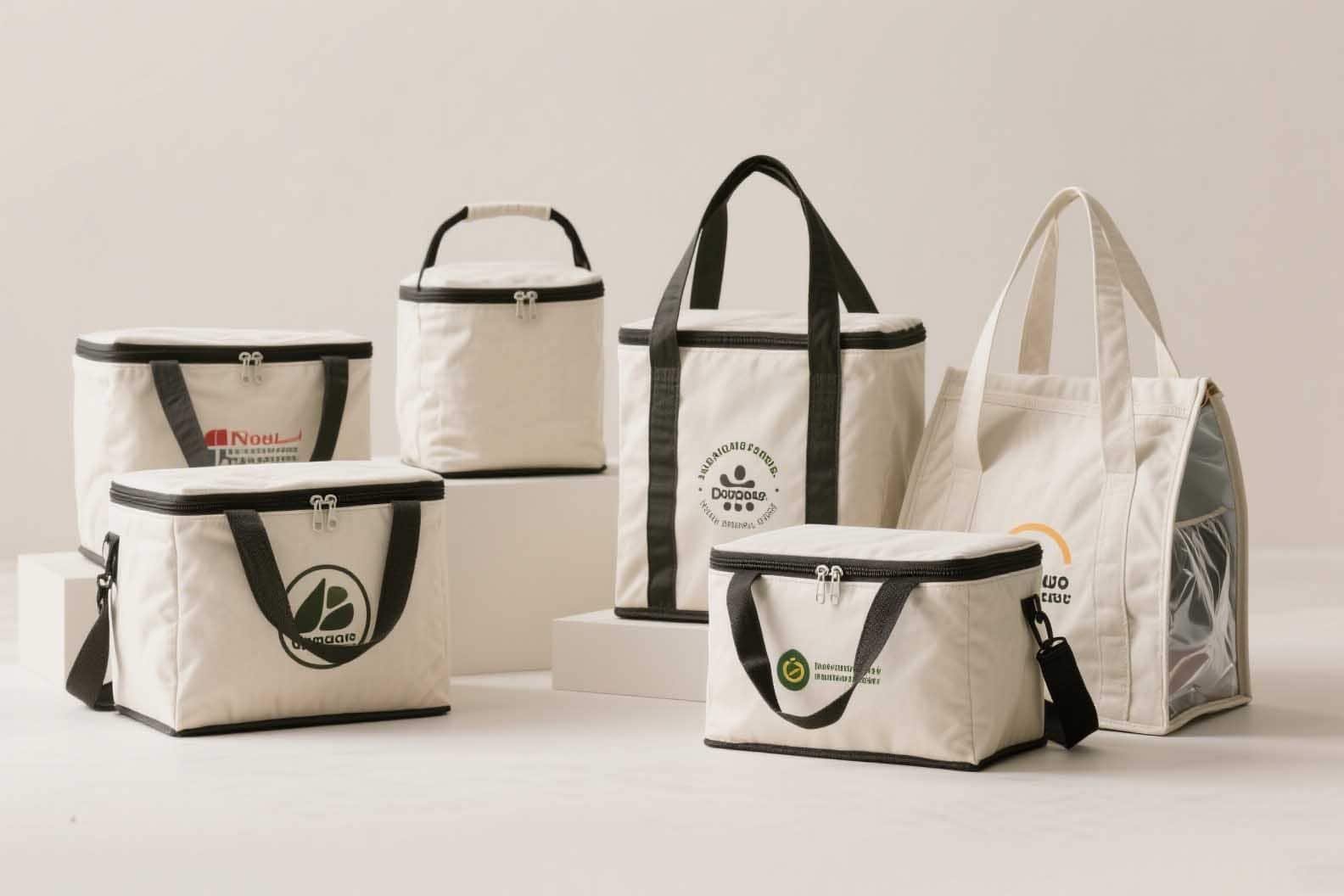 A collection of custom cooler bags with logos