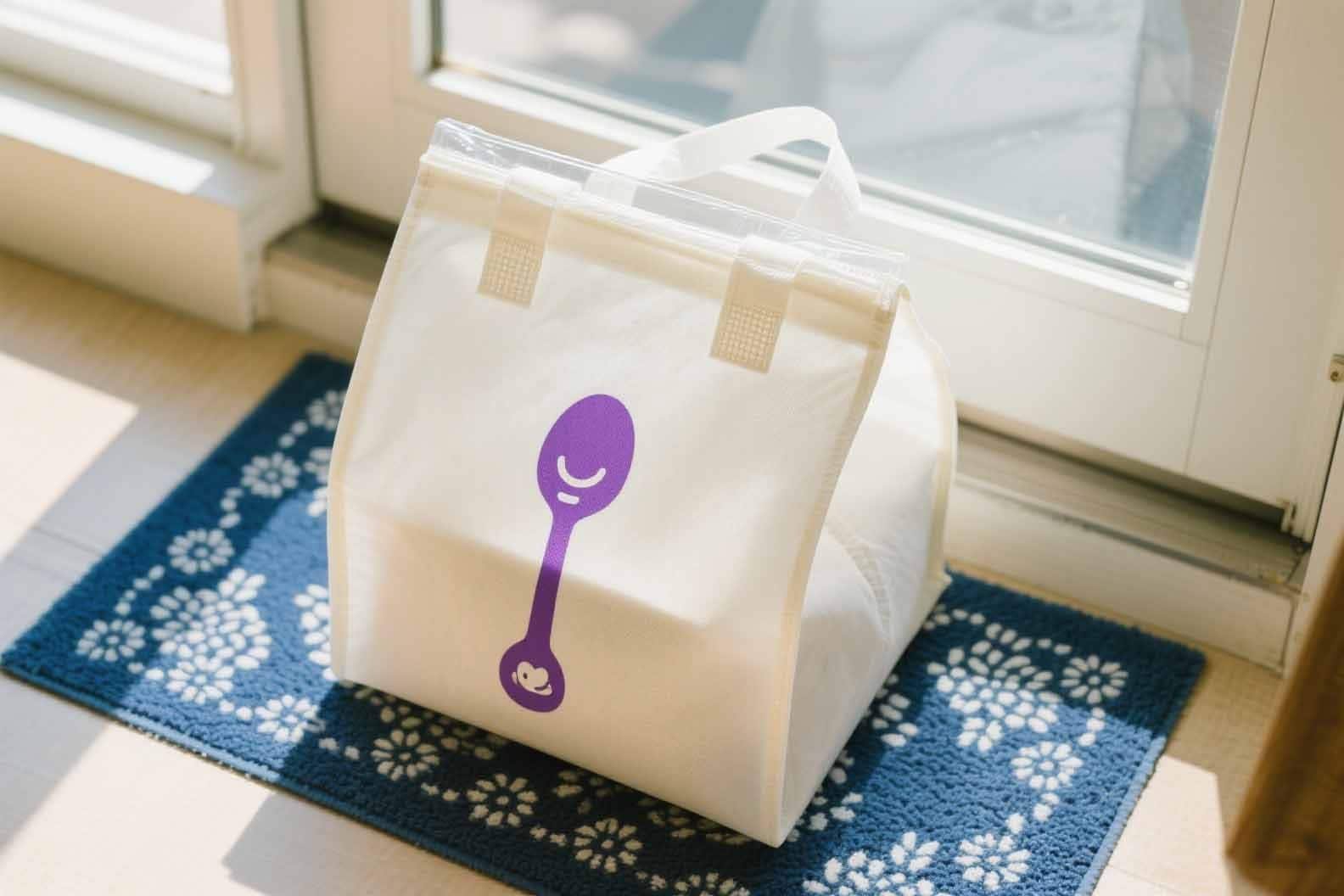 A custom non-woven cooler bag with a restaurant logo.