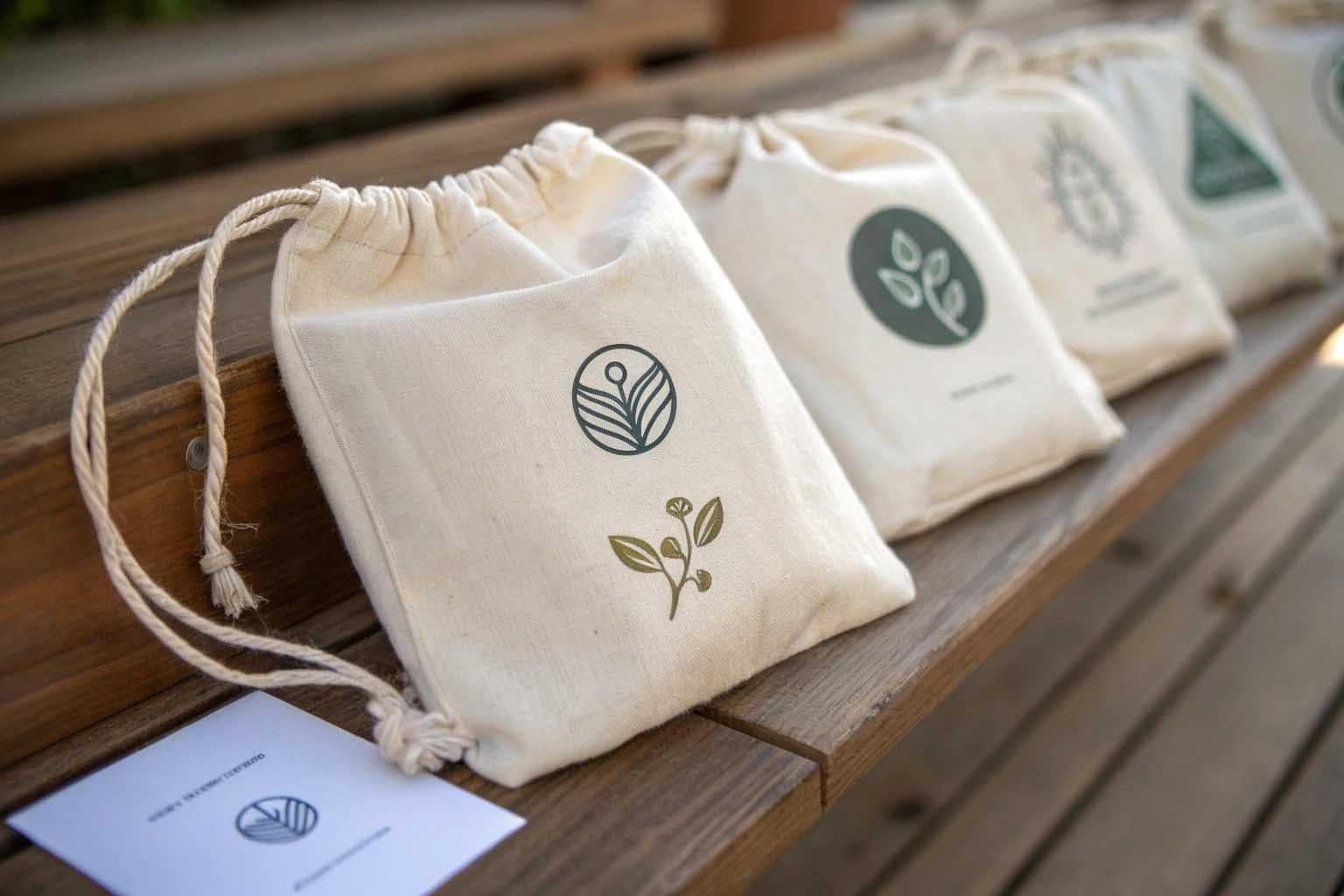 una collezione di borse in mussola personalizzate con il logo del marchio