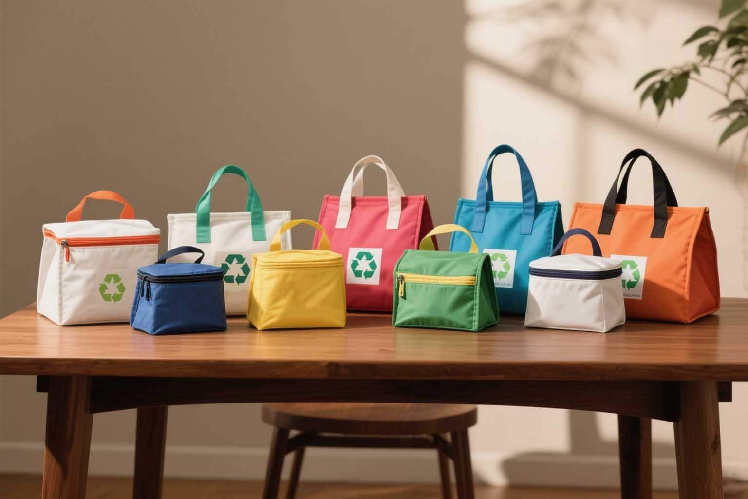 An assortment of stylish rPET cooler bags in different colors