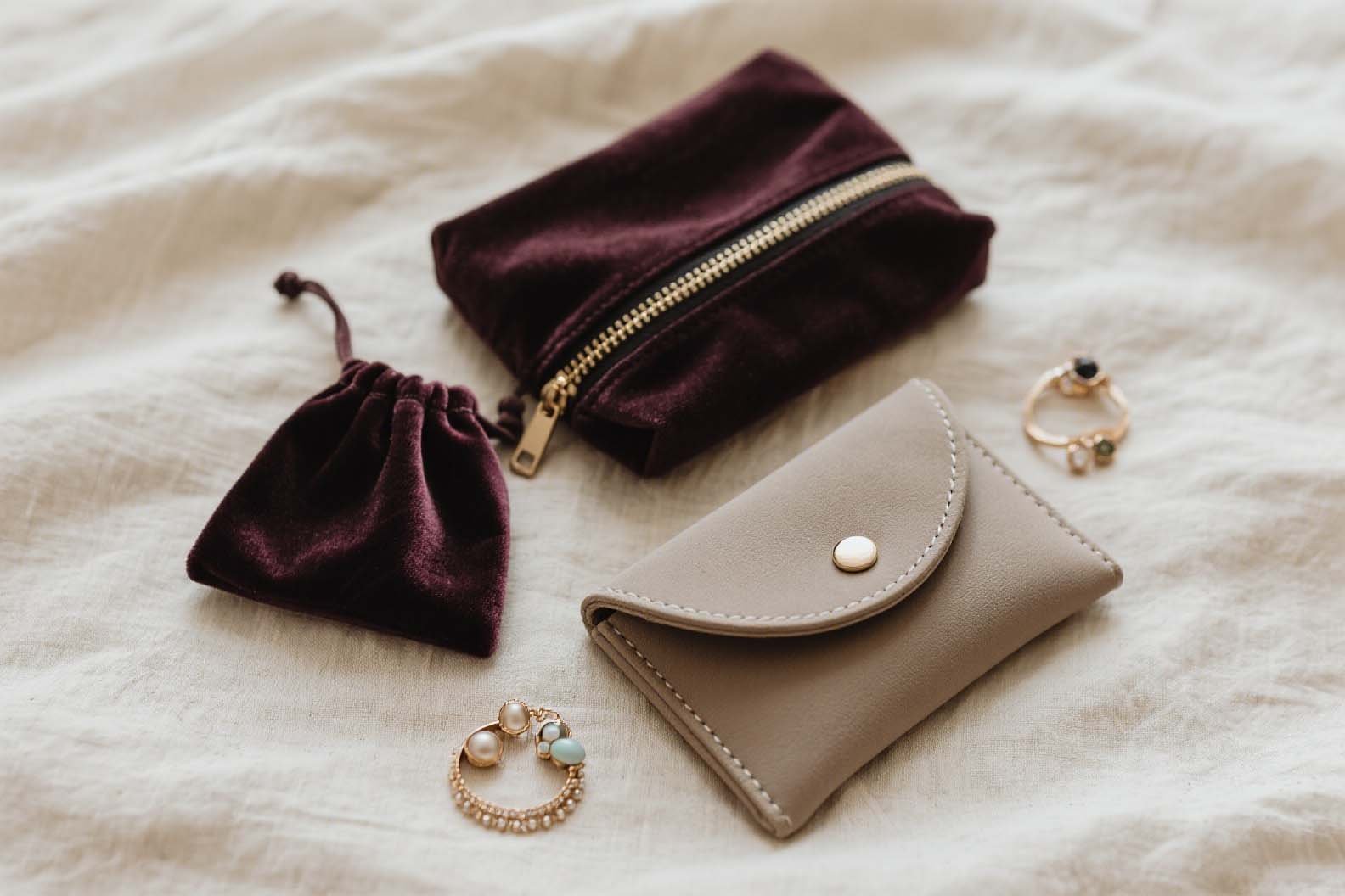 A collection of different styles of travel jewelry bags.